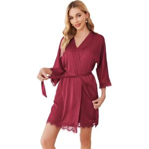 Ekouaer Womens Silk Robe Short Lace Trim Satin Robe 3/4 Sleeve Sexy Kimono Bride Robe Comfy Sleepwear with Pockets(Wine Red)