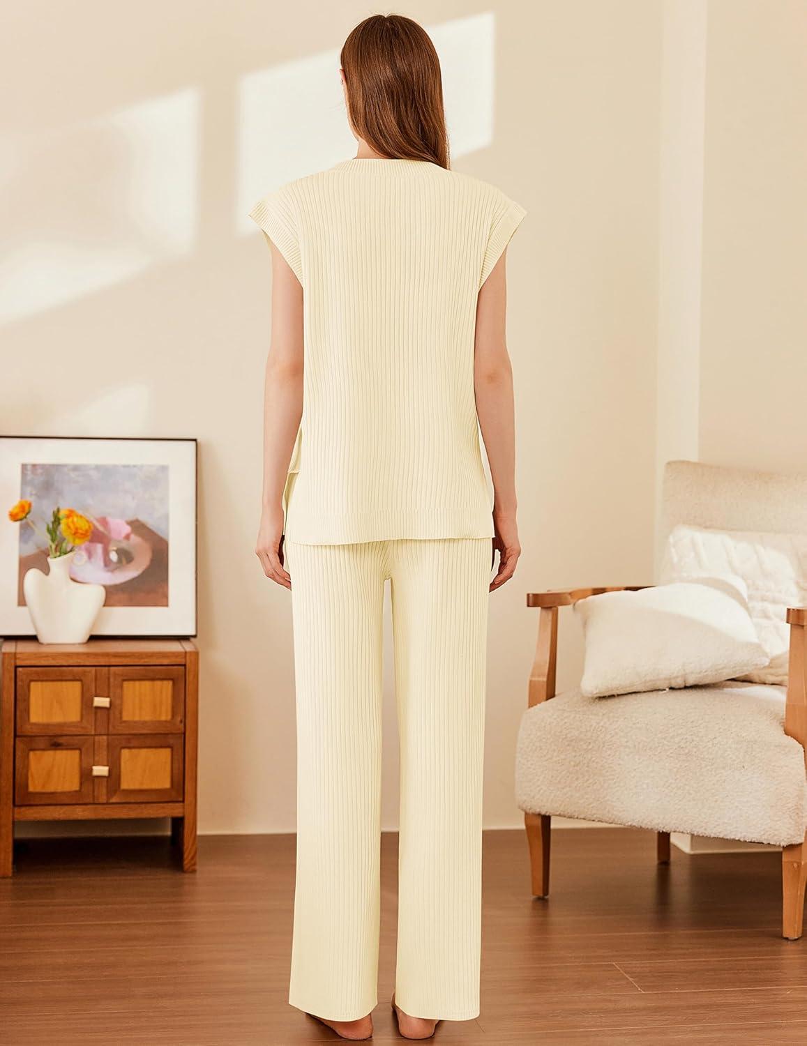 imageEkouaer Lounge Sets for Women 2 Piece Outfits Knit Sweater Vest Lounge Pants Casual Matching Loungewear SetBeige