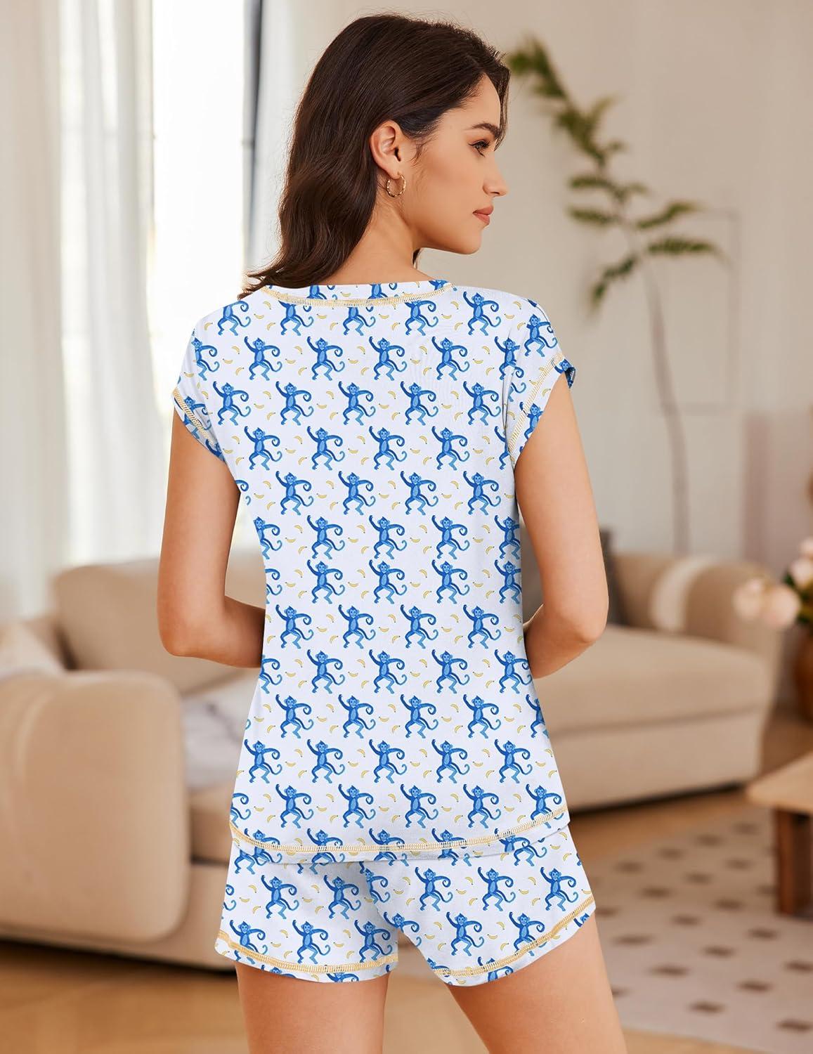 imageEkouaer Pajama Set for Women Short Sleeve Tops and Shorts Set 2 Piece Pjs Classic Loungewear with PocketsCartoon Blue Monkey