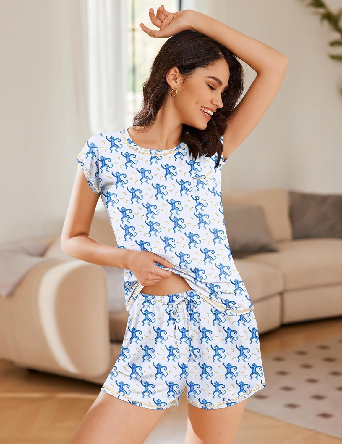 imageEkouaer Pajama Set for Women Short Sleeve Tops and Shorts Set 2 Piece Pjs Classic Loungewear with PocketsCartoon Blue Monkey