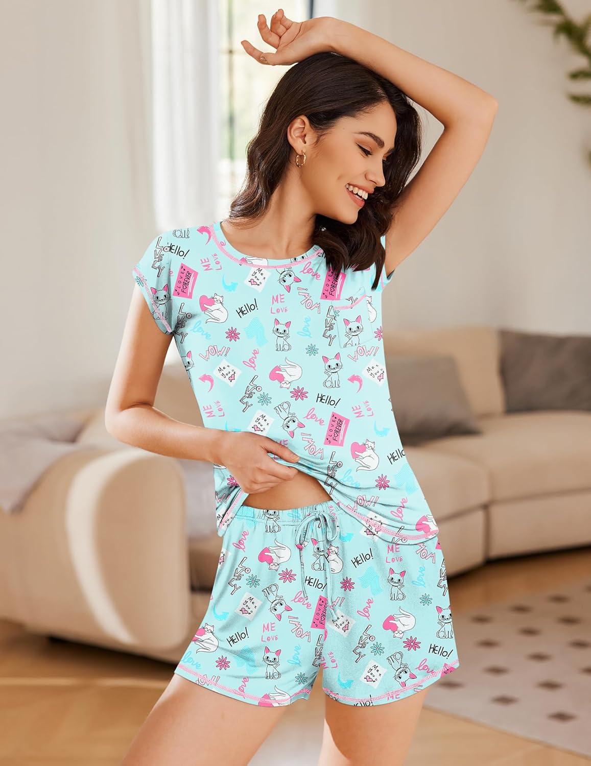 imageEkouaer Pajama Set for Women Short Sleeve Tops and Shorts Set 2 Piece Pjs Classic Loungewear with PocketsCartoon Cat
