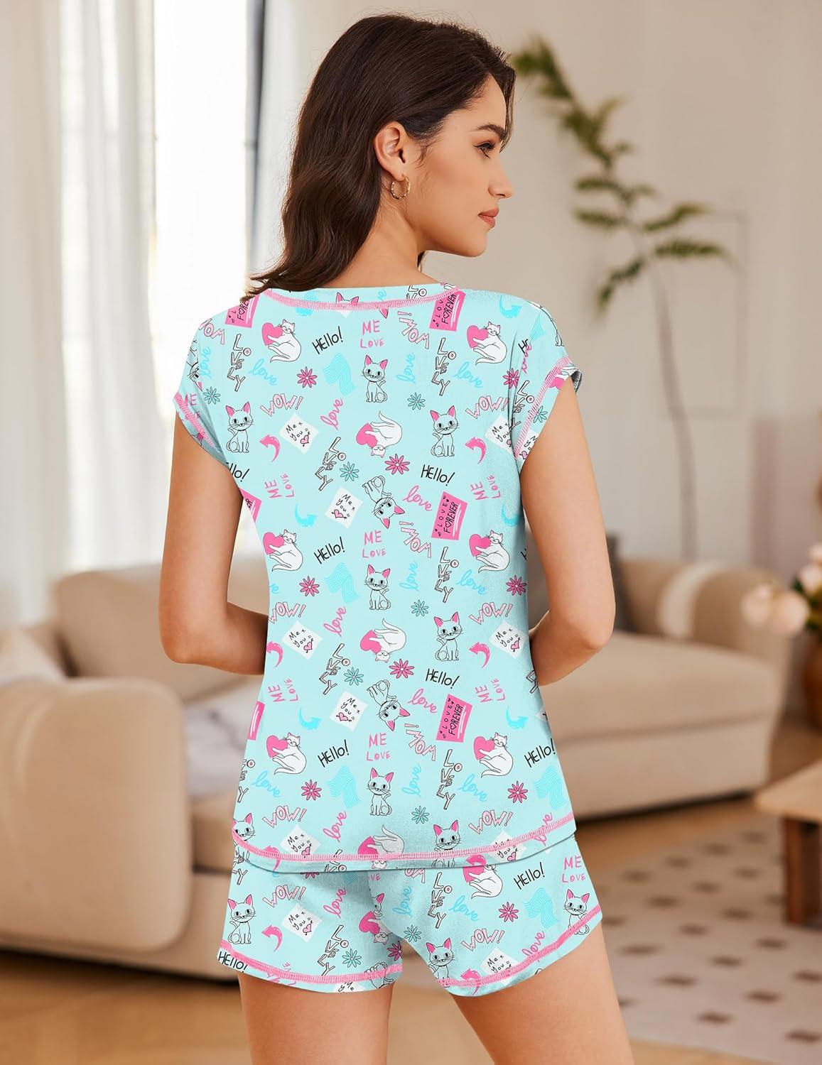 imageEkouaer Pajama Set for Women Short Sleeve Tops and Shorts Set 2 Piece Pjs Classic Loungewear with PocketsCartoon Cat