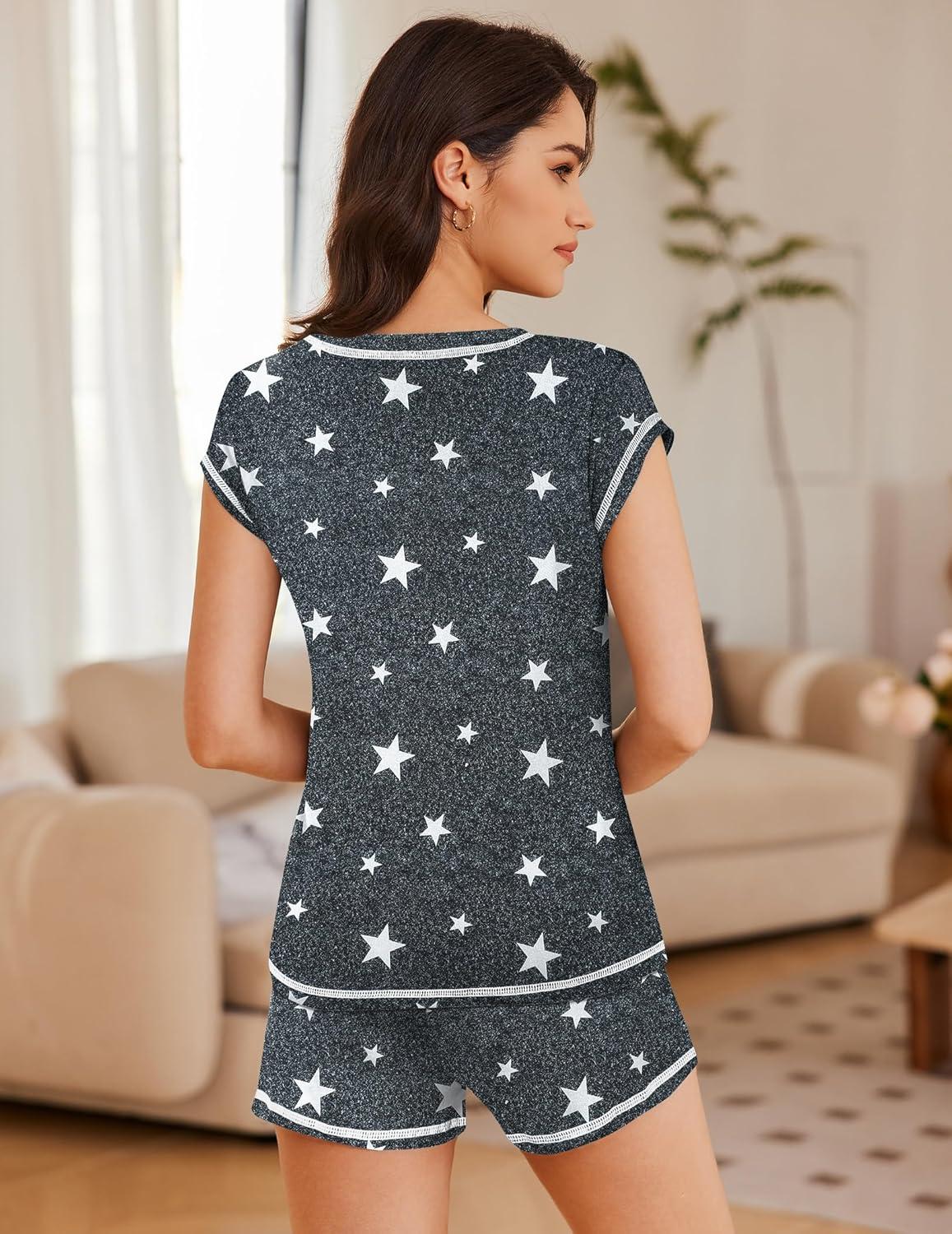 imageEkouaer Pajama Set for Women Short Sleeve Tops and Shorts Set 2 Piece Pjs Classic Loungewear with PocketsGrey Stars