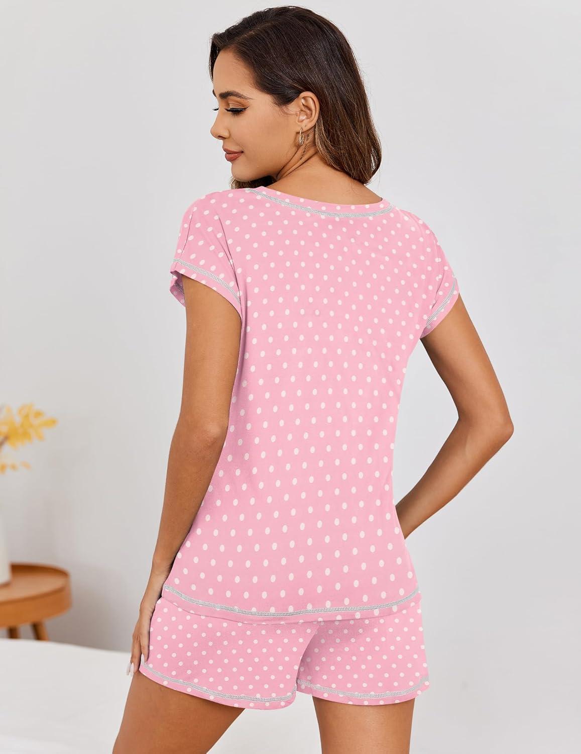 imageEkouaer Pajama Set for Women Short Sleeve Tops and Shorts Set 2 Piece Pjs Classic Loungewear with PocketsPink Dot