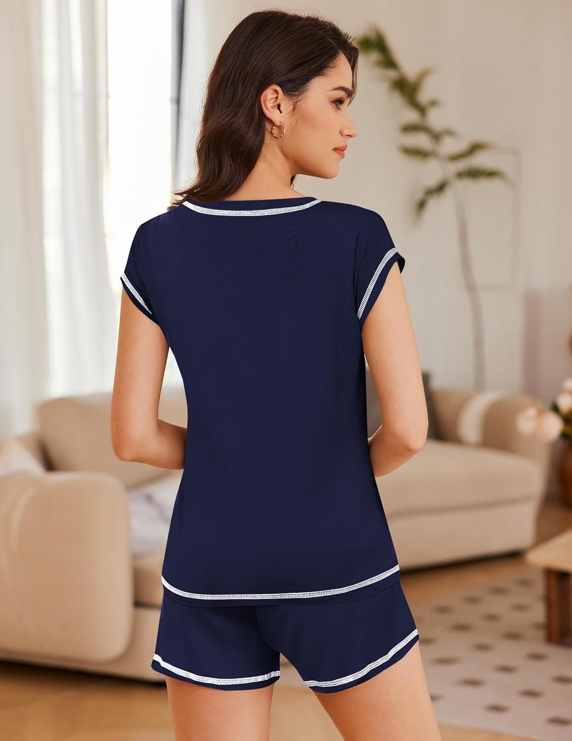 imageEkouaer Pajama Set for Women Short Sleeve Tops and Shorts Set 2 Piece Pjs Classic Loungewear with PocketsSolid Navy Blue