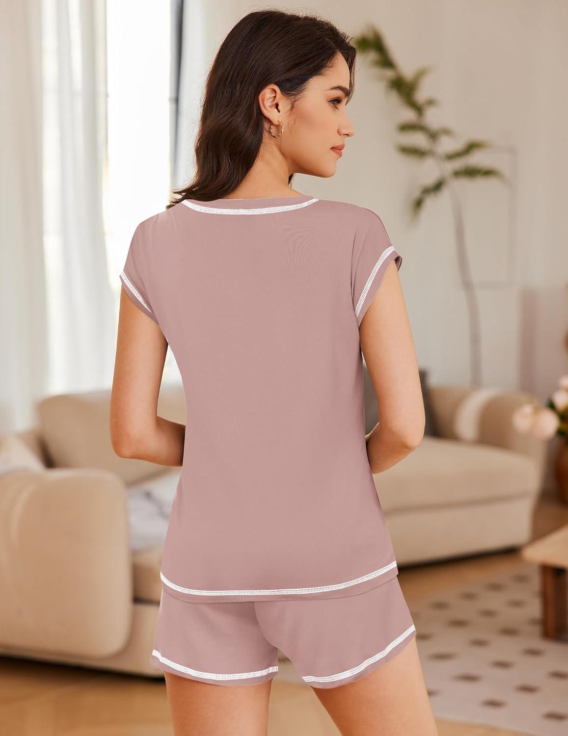 imageEkouaer Pajama Set for Women Short Sleeve Tops and Shorts Set 2 Piece Pjs Classic Loungewear with PocketsSolid Pink