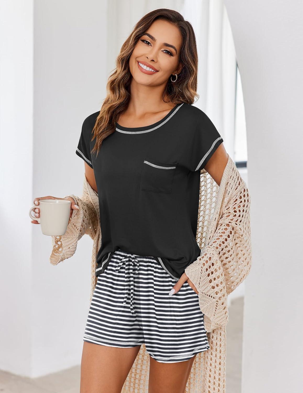 imageEkouaer Pajama Set for Women Short Sleeve Tops and Shorts Set 2 Piece Pjs Classic Loungewear with PocketsStripes Black White