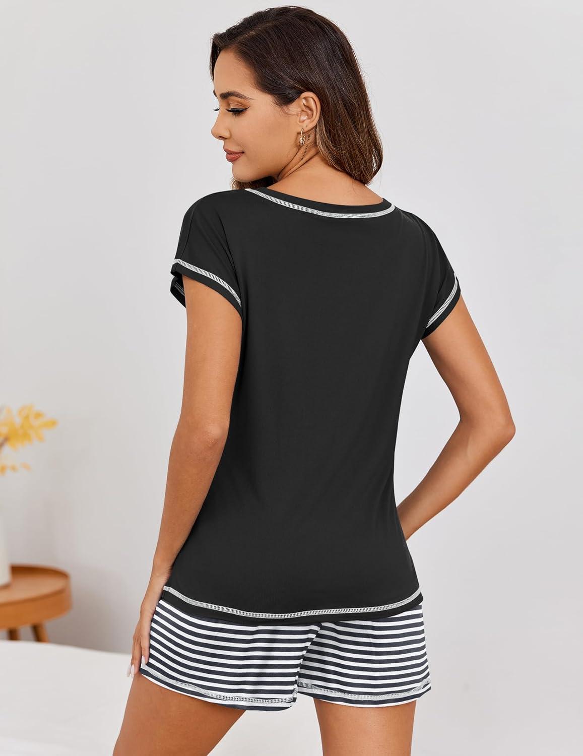 imageEkouaer Pajama Set for Women Short Sleeve Tops and Shorts Set 2 Piece Pjs Classic Loungewear with PocketsStripes Black White