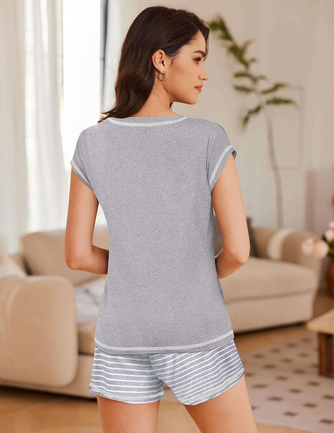 imageEkouaer Pajama Set for Women Short Sleeve Tops and Shorts Set 2 Piece Pjs Classic Loungewear with PocketsStripes Dark Grey