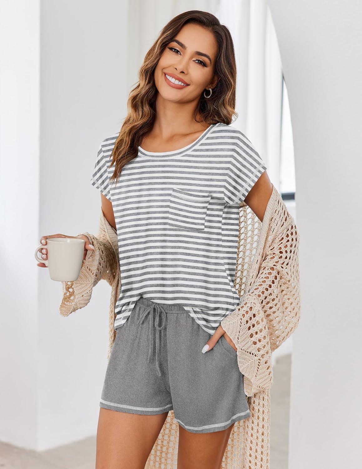 imageEkouaer Pajama Set for Women Short Sleeve Tops and Shorts Set 2 Piece Pjs Classic Loungewear with PocketsStripes Light Grey