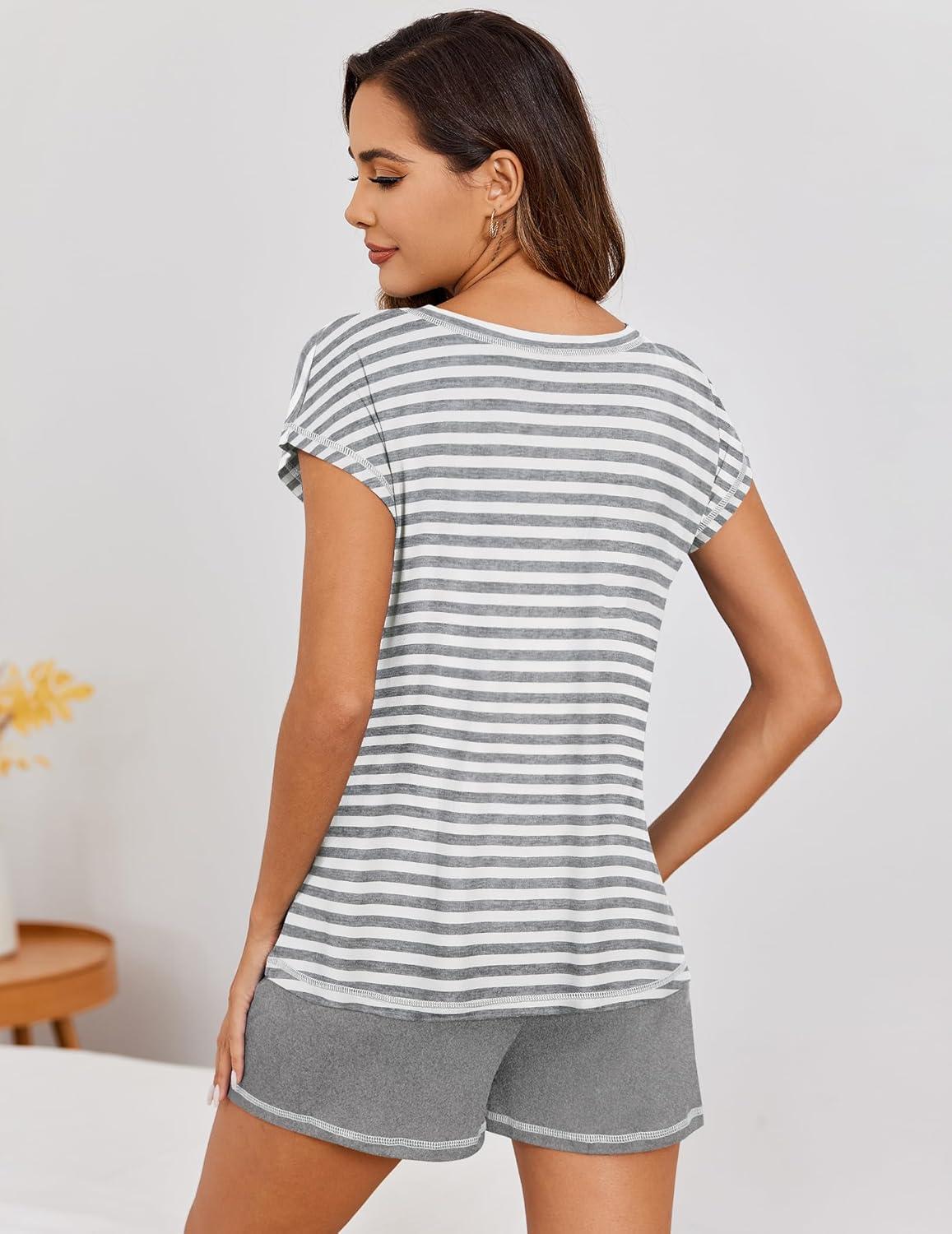 imageEkouaer Pajama Set for Women Short Sleeve Tops and Shorts Set 2 Piece Pjs Classic Loungewear with PocketsStripes Light Grey