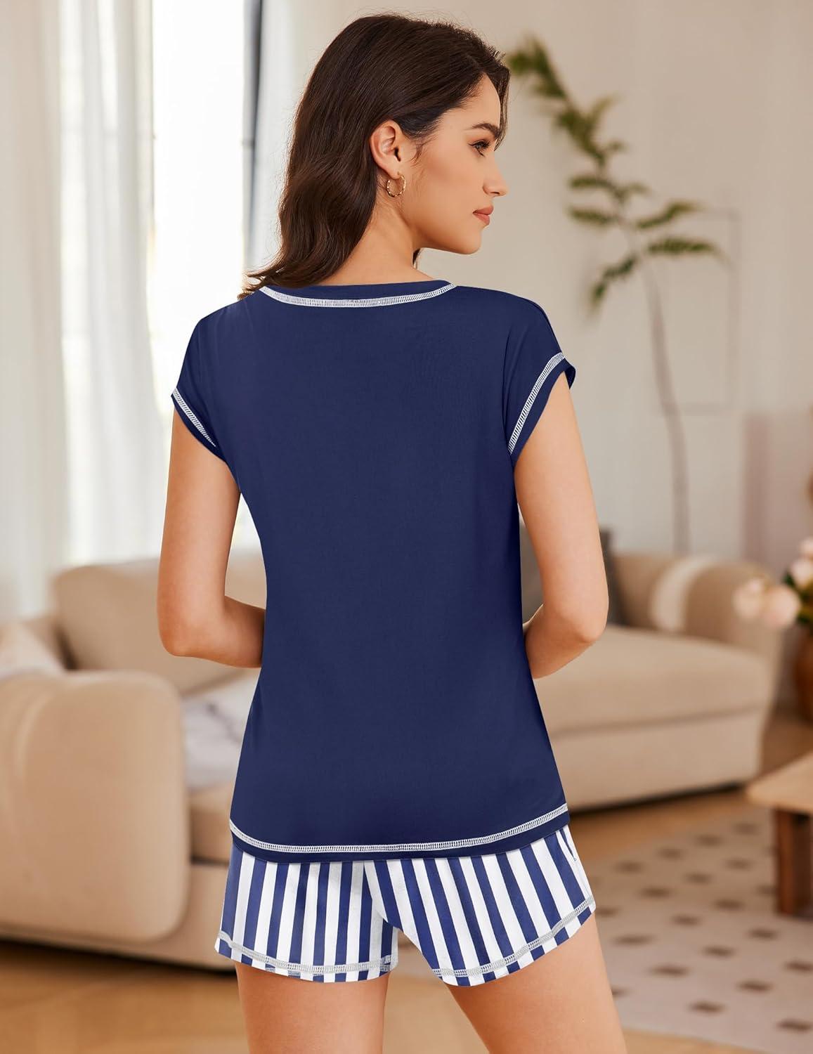 imageEkouaer Pajama Set for Women Short Sleeve Tops and Shorts Set 2 Piece Pjs Classic Loungewear with PocketsStripes Navy Blue
