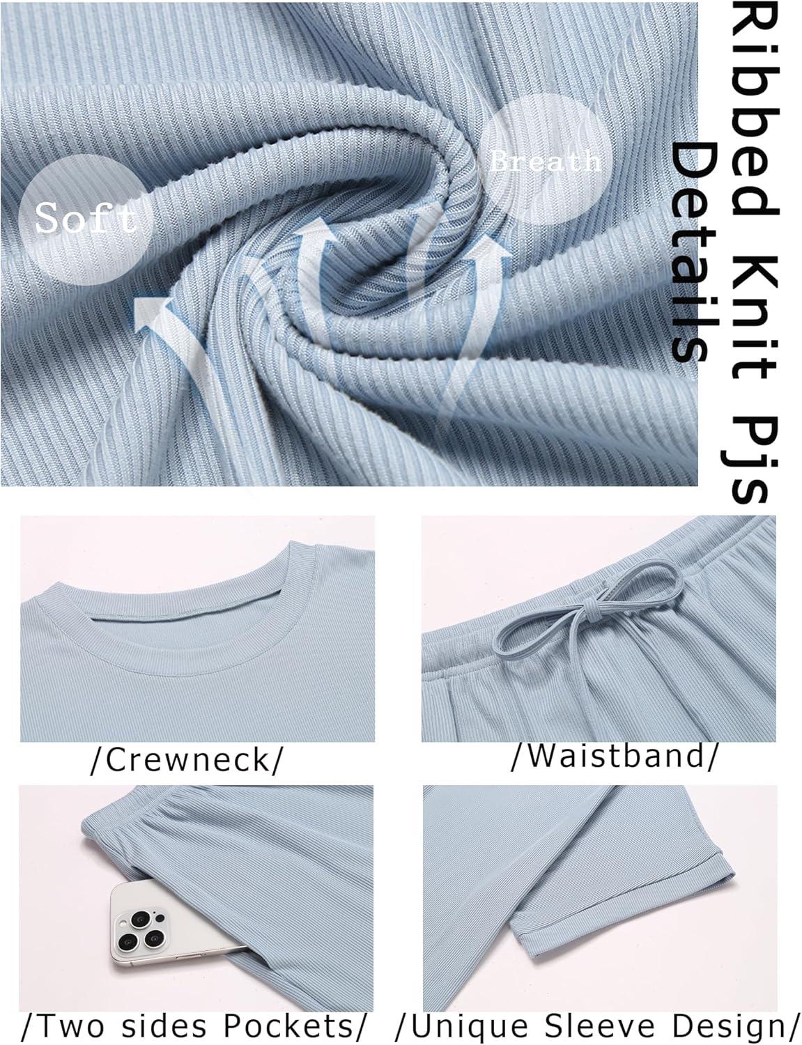 imageEkouaer Pajamas Set 2 Piece Ribbed Knit Pjs Short Sleeve Tops and Shorts Sleepwear Summer Pajama Soft Lounge Sets SXXLKhaki