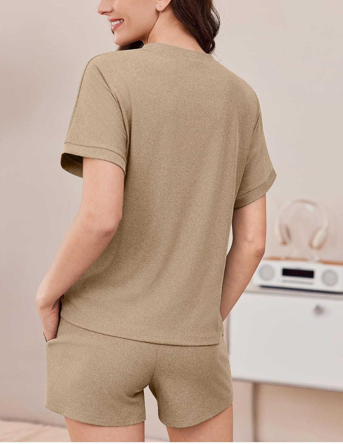 imageEkouaer Pajamas Set 2 Piece Ribbed Knit Pjs Short Sleeve Tops and Shorts Sleepwear Summer Pajama Soft Lounge Sets SXXLKhaki
