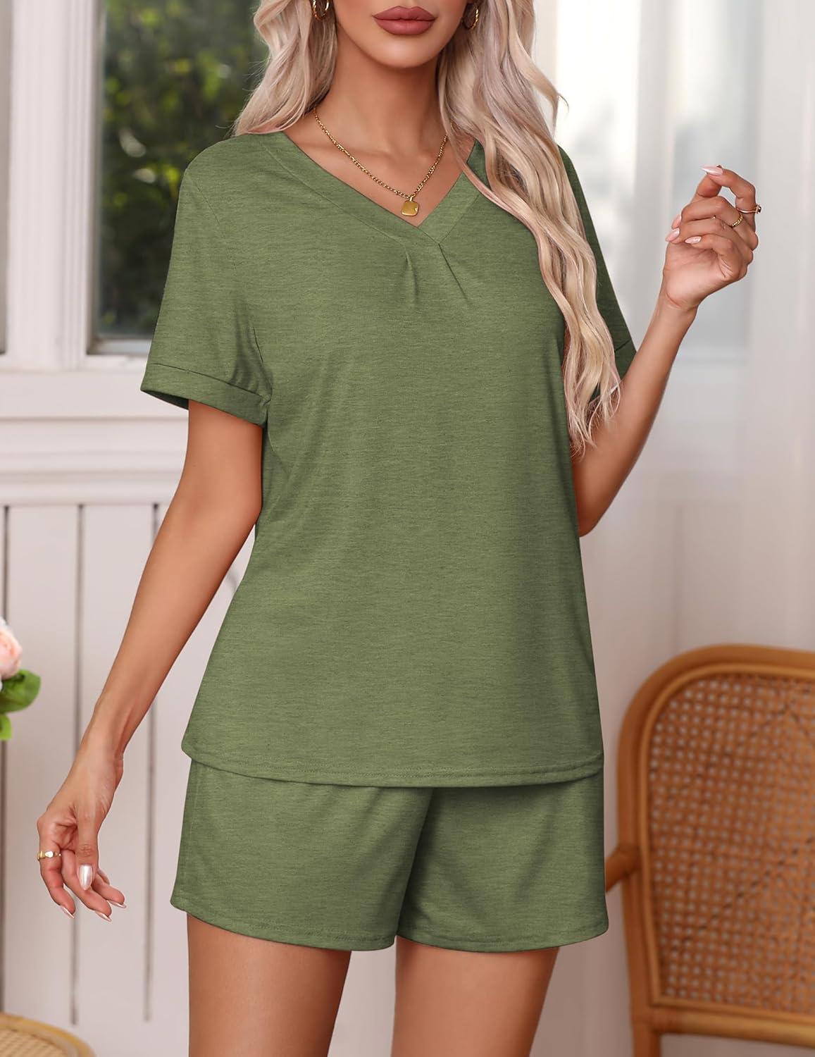 imageEkouaer Pajamas Set Womens Short Sleeve 2 Piece PJ Sets V Neck Comfy Sleepwear Loungewear with Pockets SXXLArmy Green