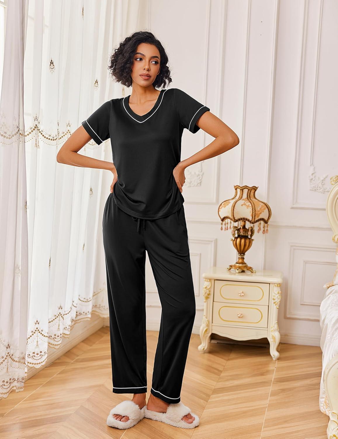 imageEkouaer Pajamas for Women Set 2 Piece Lounge Set Soft Pajama Sets Short Sleeve and Pants Pj Sets Loose Sleepwear with PocketsBlack