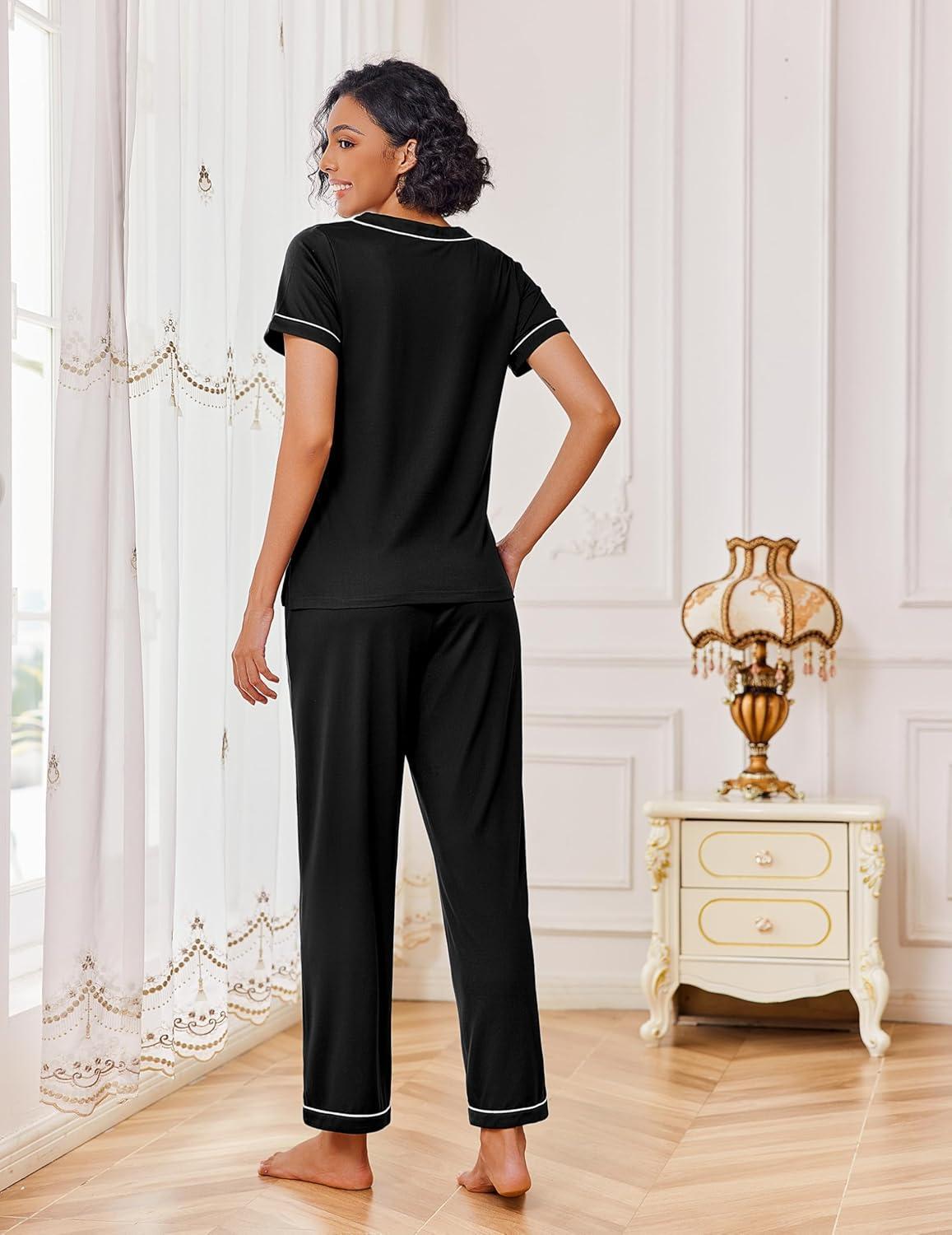 imageEkouaer Pajamas for Women Set 2 Piece Lounge Set Soft Pajama Sets Short Sleeve and Pants Pj Sets Loose Sleepwear with PocketsBlack