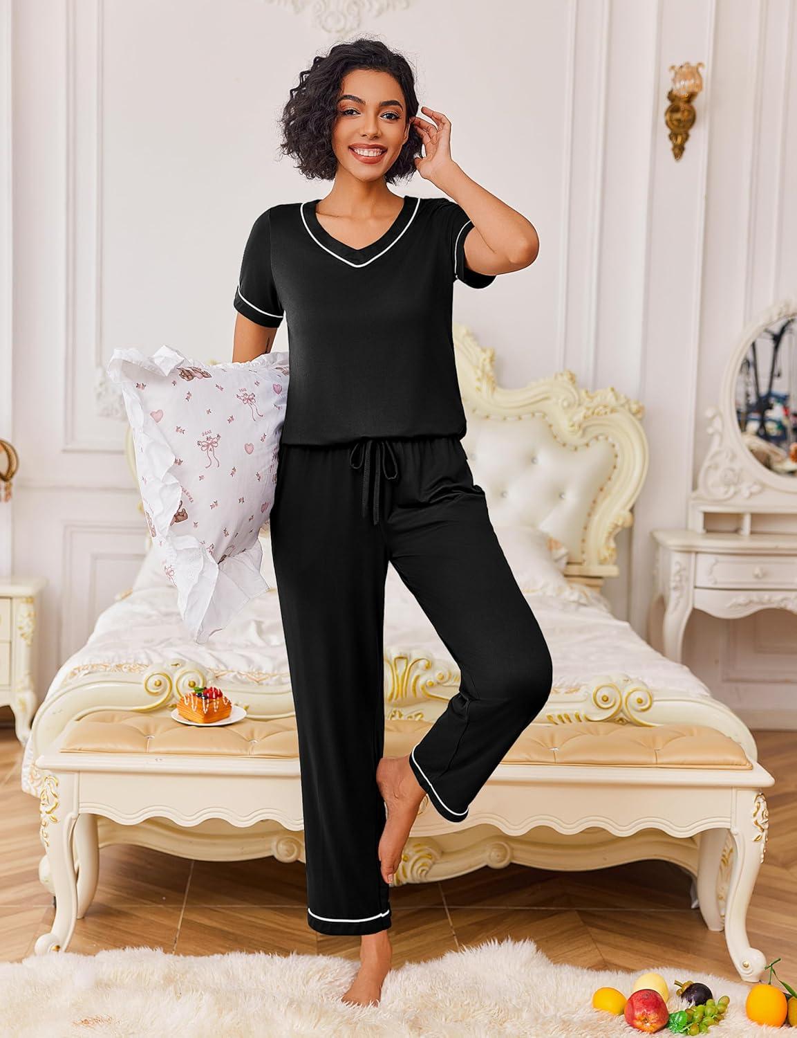 imageEkouaer Pajamas for Women Set 2 Piece Lounge Set Soft Pajama Sets Short Sleeve and Pants Pj Sets Loose Sleepwear with PocketsBlack