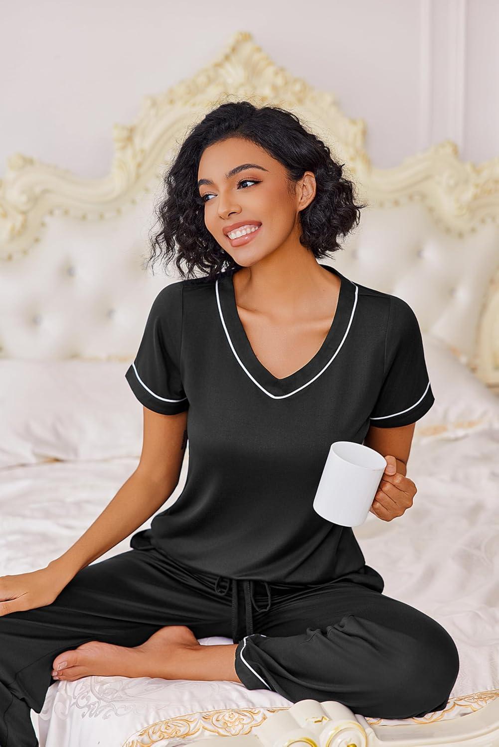 imageEkouaer Pajamas for Women Set 2 Piece Lounge Set Soft Pajama Sets Short Sleeve and Pants Pj Sets Loose Sleepwear with PocketsBlack