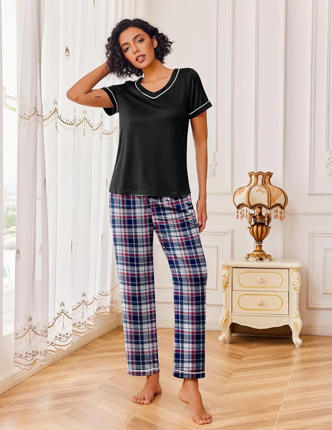 imageEkouaer Pajamas for Women Set 2 Piece Lounge Set Soft Pajama Sets Short Sleeve and Pants Pj Sets Loose Sleepwear with PocketsBleu and Red Plaid