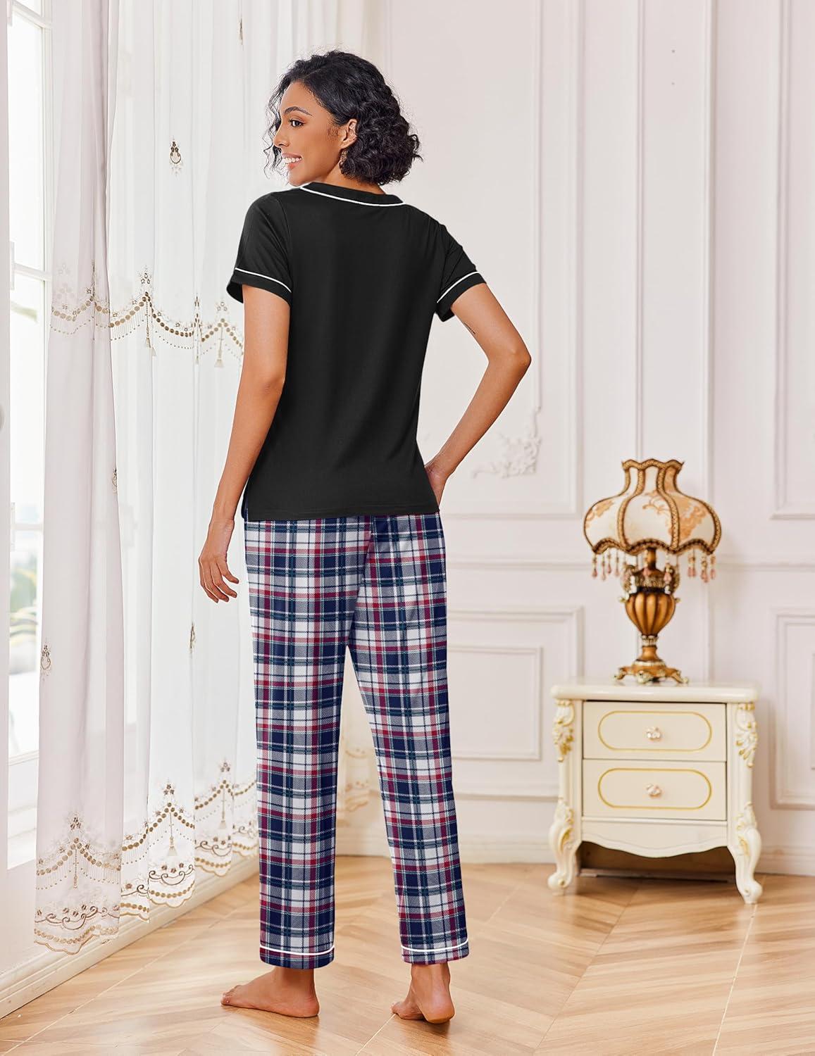 imageEkouaer Pajamas for Women Set 2 Piece Lounge Set Soft Pajama Sets Short Sleeve and Pants Pj Sets Loose Sleepwear with PocketsBleu and Red Plaid