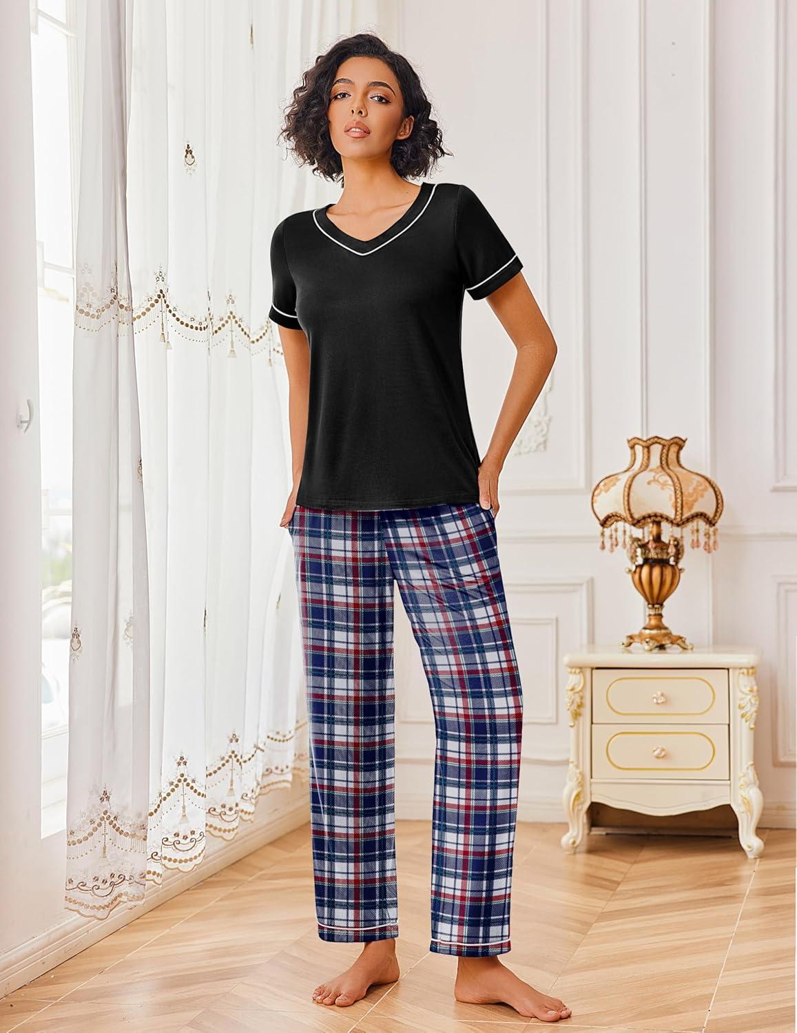 imageEkouaer Pajamas for Women Set 2 Piece Lounge Set Soft Pajama Sets Short Sleeve and Pants Pj Sets Loose Sleepwear with PocketsBleu and Red Plaid