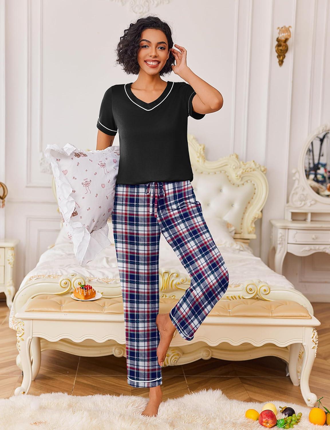 imageEkouaer Pajamas for Women Set 2 Piece Lounge Set Soft Pajama Sets Short Sleeve and Pants Pj Sets Loose Sleepwear with PocketsBleu and Red Plaid