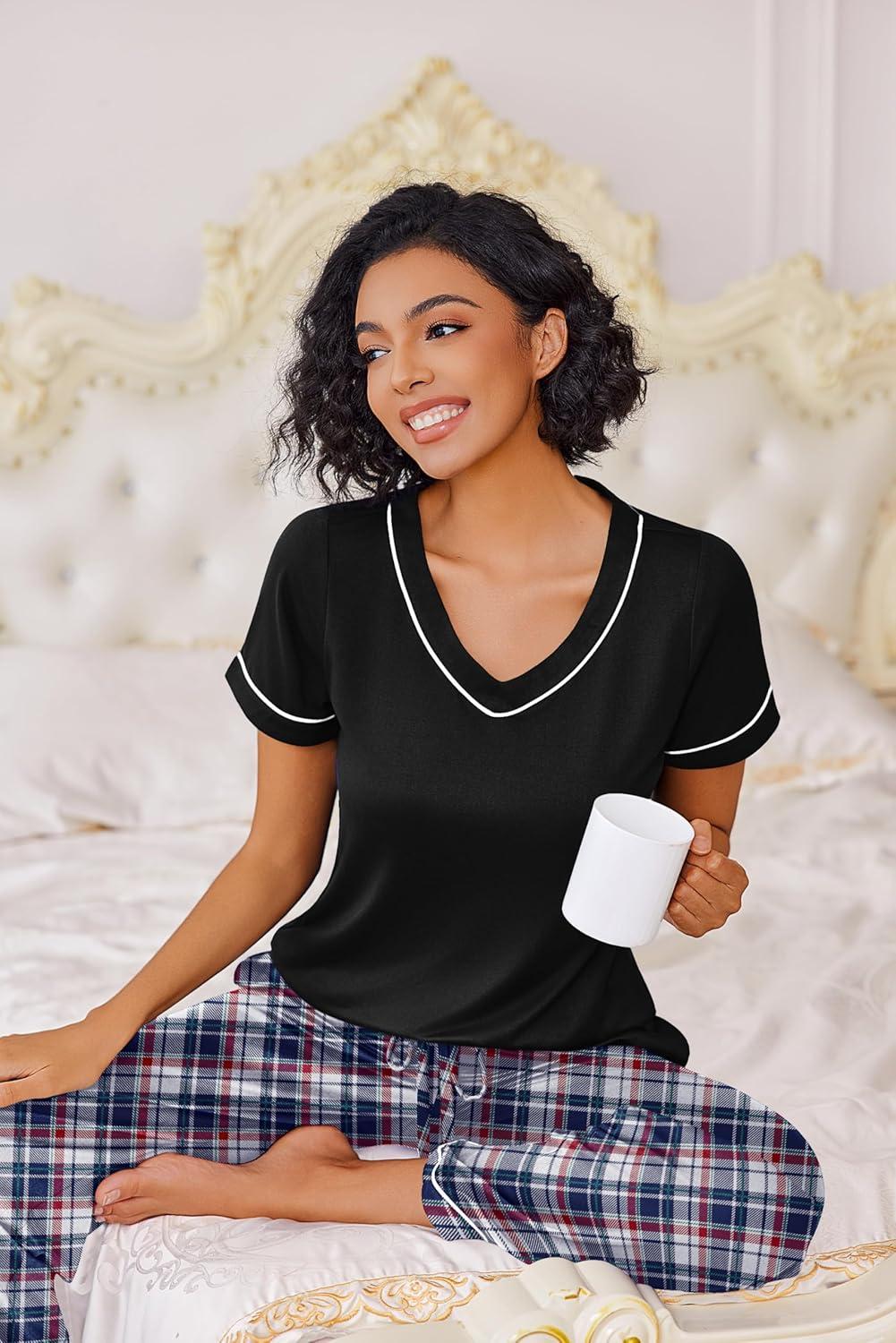 imageEkouaer Pajamas for Women Set 2 Piece Lounge Set Soft Pajama Sets Short Sleeve and Pants Pj Sets Loose Sleepwear with PocketsBleu and Red Plaid