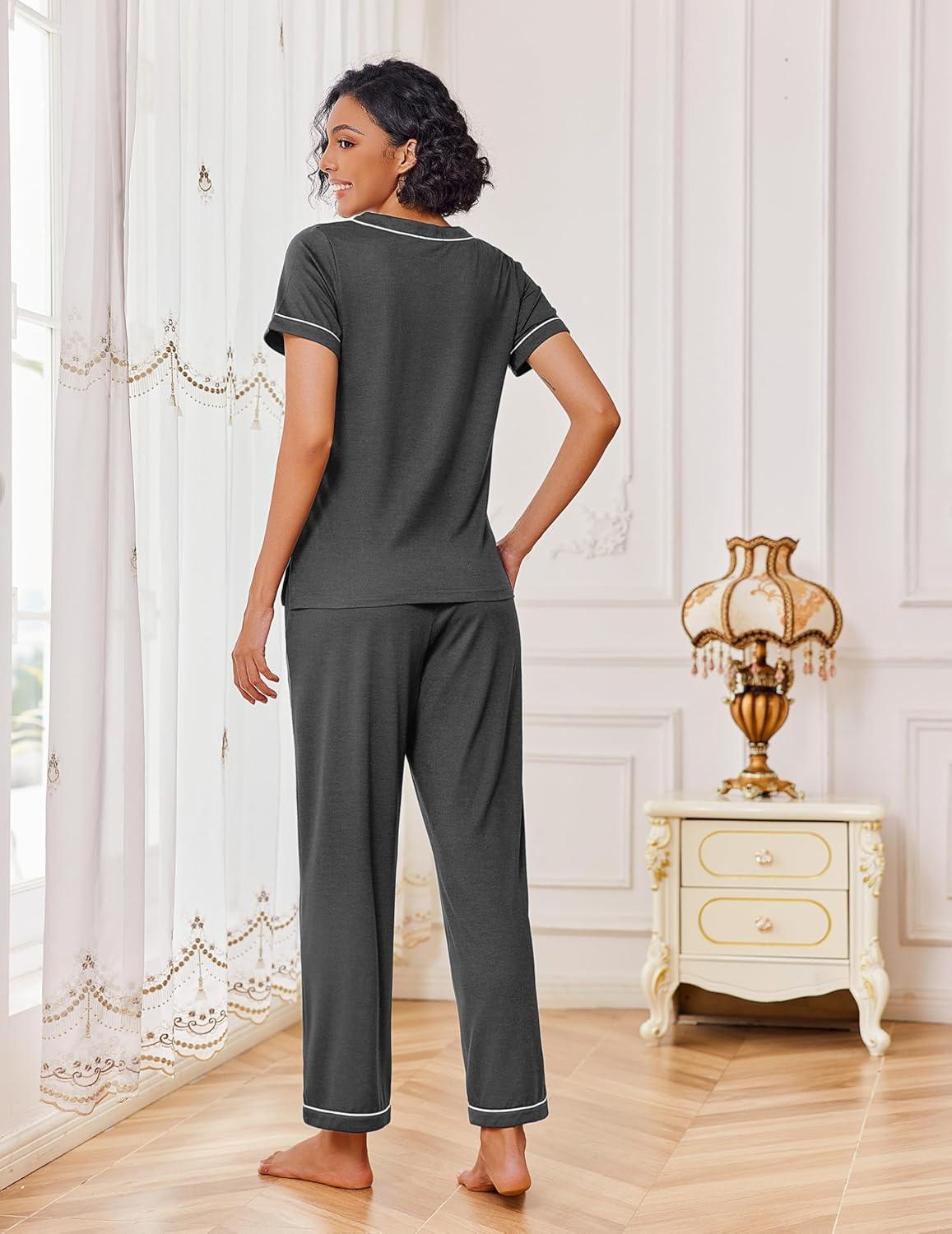imageEkouaer Pajamas for Women Set 2 Piece Lounge Set Soft Pajama Sets Short Sleeve and Pants Pj Sets Loose Sleepwear with PocketsDeep Grey