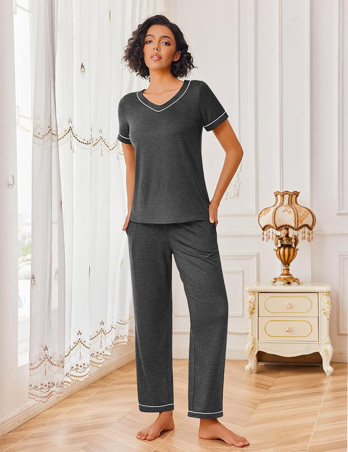 imageEkouaer Pajamas for Women Set 2 Piece Lounge Set Soft Pajama Sets Short Sleeve and Pants Pj Sets Loose Sleepwear with PocketsDeep Grey