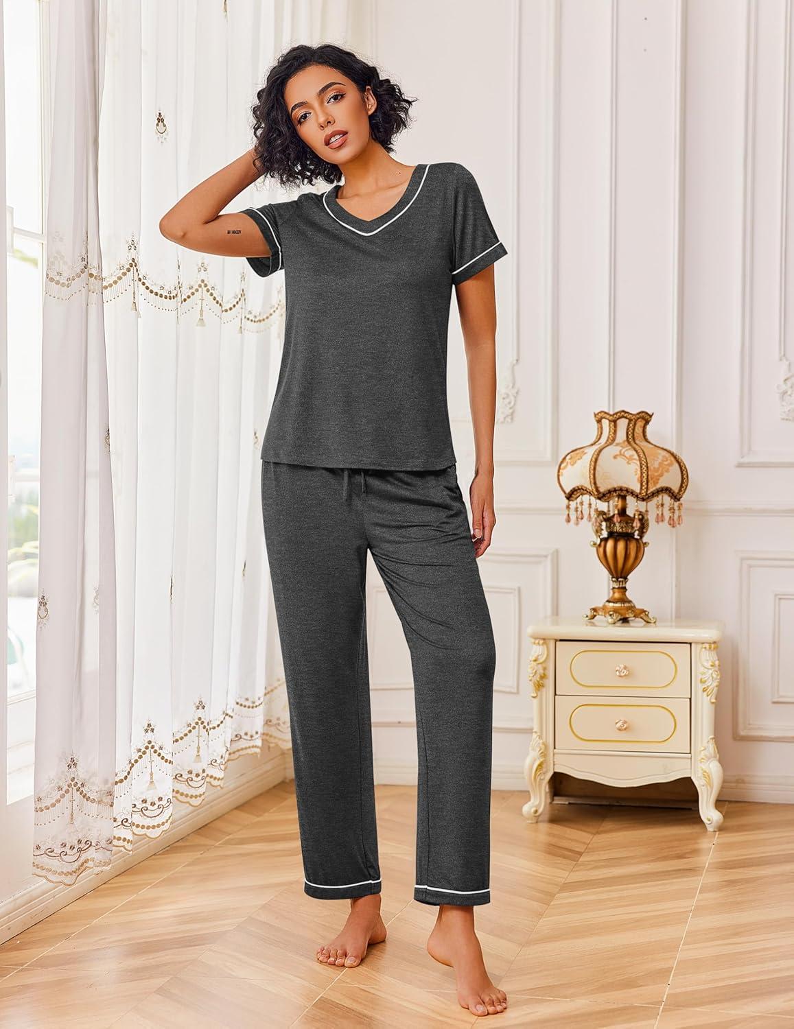 imageEkouaer Pajamas for Women Set 2 Piece Lounge Set Soft Pajama Sets Short Sleeve and Pants Pj Sets Loose Sleepwear with PocketsDeep Grey