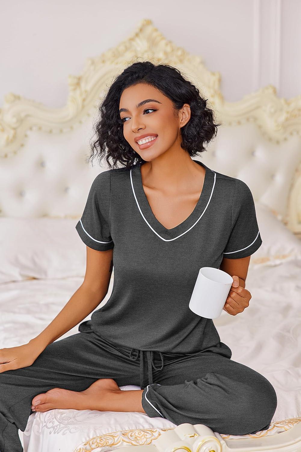 imageEkouaer Pajamas for Women Set 2 Piece Lounge Set Soft Pajama Sets Short Sleeve and Pants Pj Sets Loose Sleepwear with PocketsDeep Grey