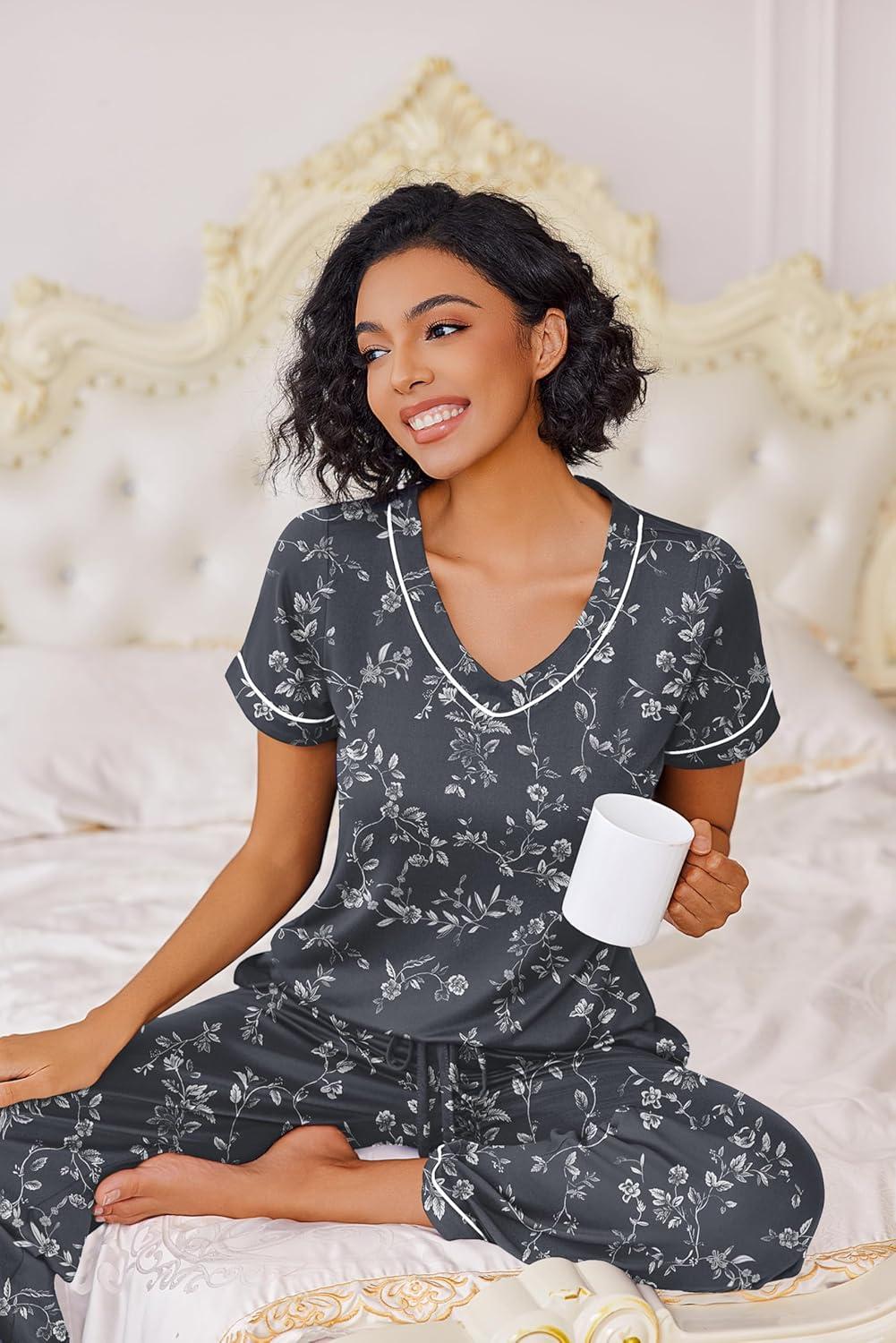 imageEkouaer Pajamas for Women Set 2 Piece Lounge Set Soft Pajama Sets Short Sleeve and Pants Pj Sets Loose Sleepwear with PocketsGrey Flower