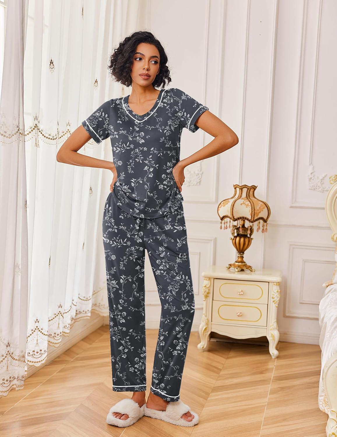 imageEkouaer Pajamas for Women Set 2 Piece Lounge Set Soft Pajama Sets Short Sleeve and Pants Pj Sets Loose Sleepwear with PocketsGrey Flower