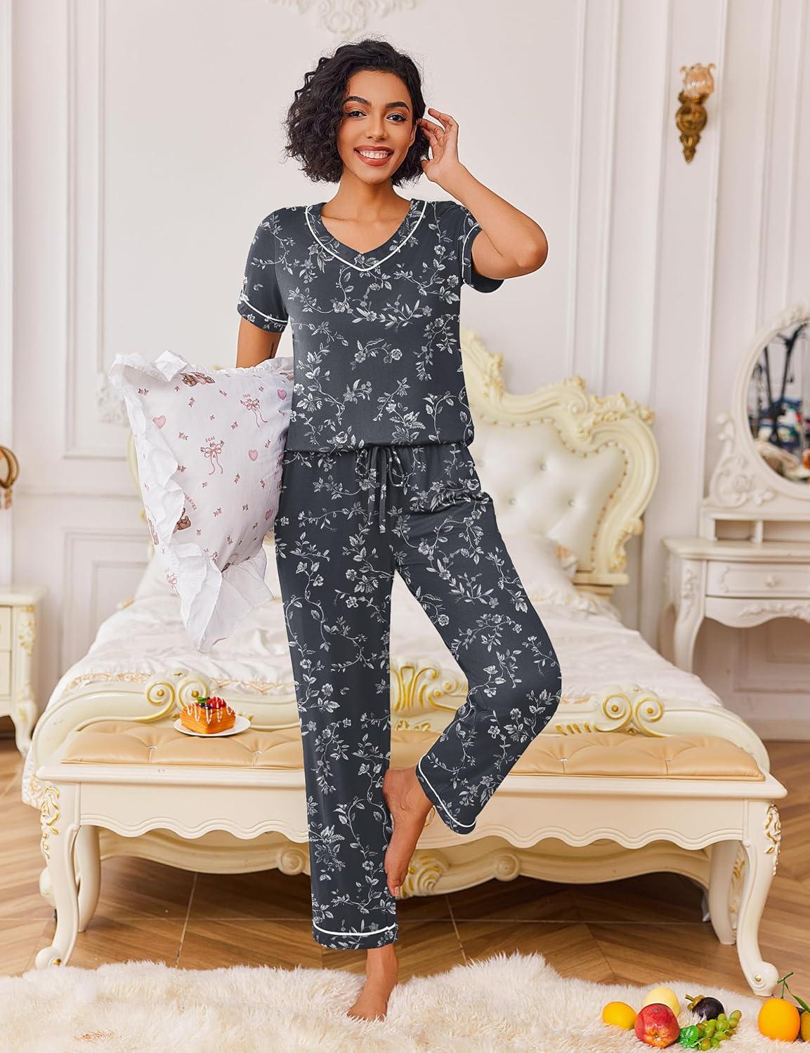 imageEkouaer Pajamas for Women Set 2 Piece Lounge Set Soft Pajama Sets Short Sleeve and Pants Pj Sets Loose Sleepwear with PocketsGrey Flower