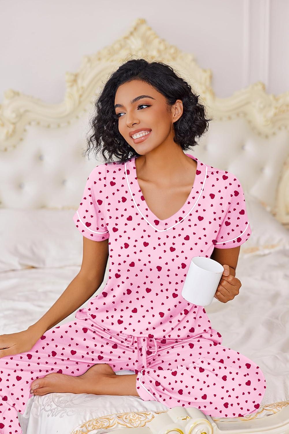 imageEkouaer Pajamas for Women Set 2 Piece Lounge Set Soft Pajama Sets Short Sleeve and Pants Pj Sets Loose Sleepwear with PocketsHeart Pattern