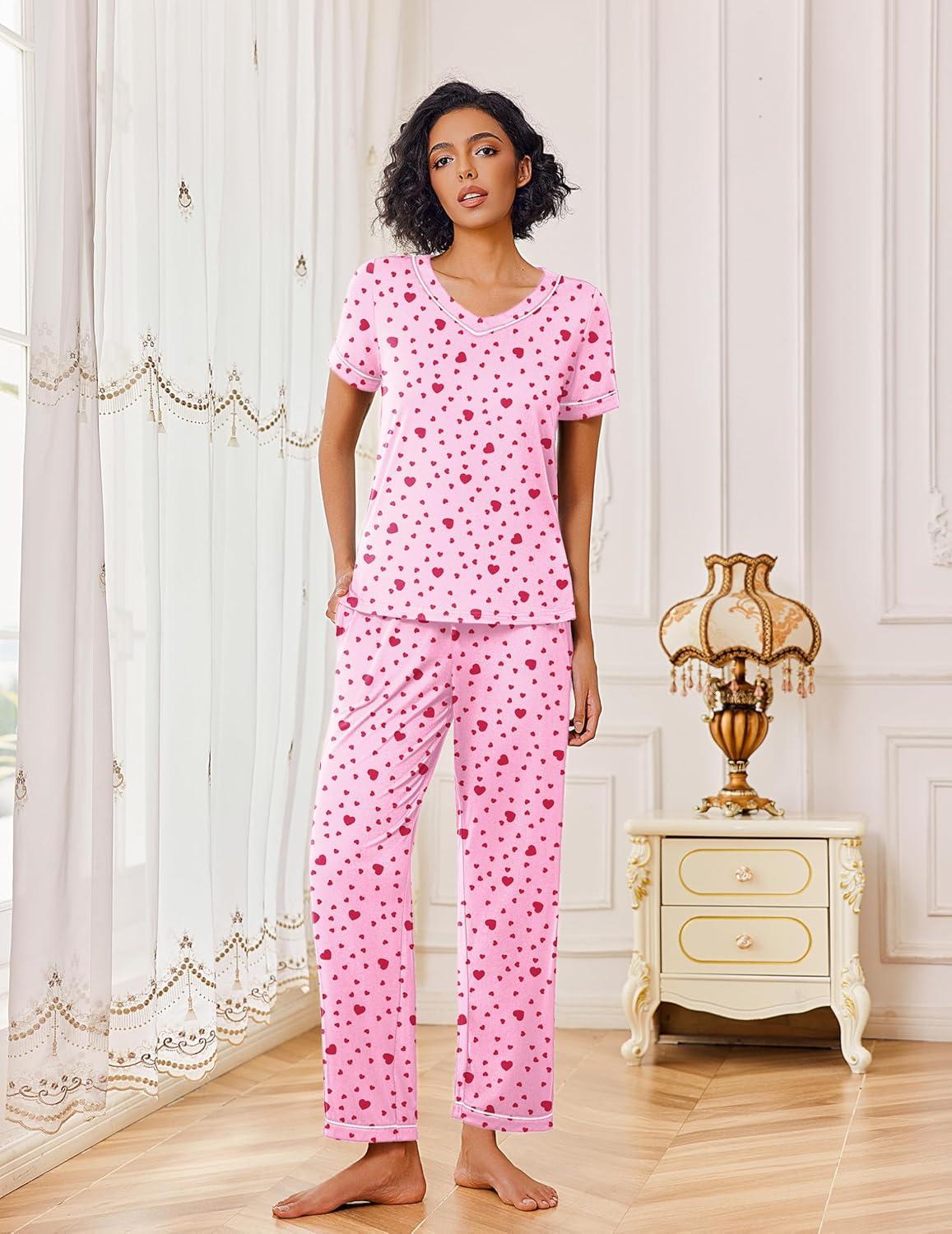imageEkouaer Pajamas for Women Set 2 Piece Lounge Set Soft Pajama Sets Short Sleeve and Pants Pj Sets Loose Sleepwear with PocketsHeart Pattern