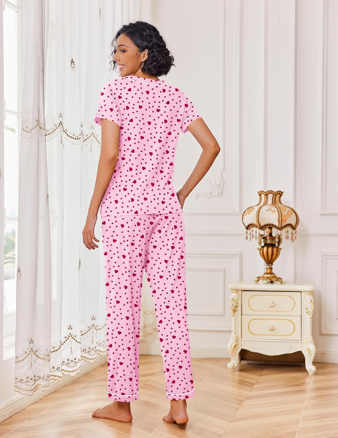 imageEkouaer Pajamas for Women Set 2 Piece Lounge Set Soft Pajama Sets Short Sleeve and Pants Pj Sets Loose Sleepwear with PocketsHeart Pattern