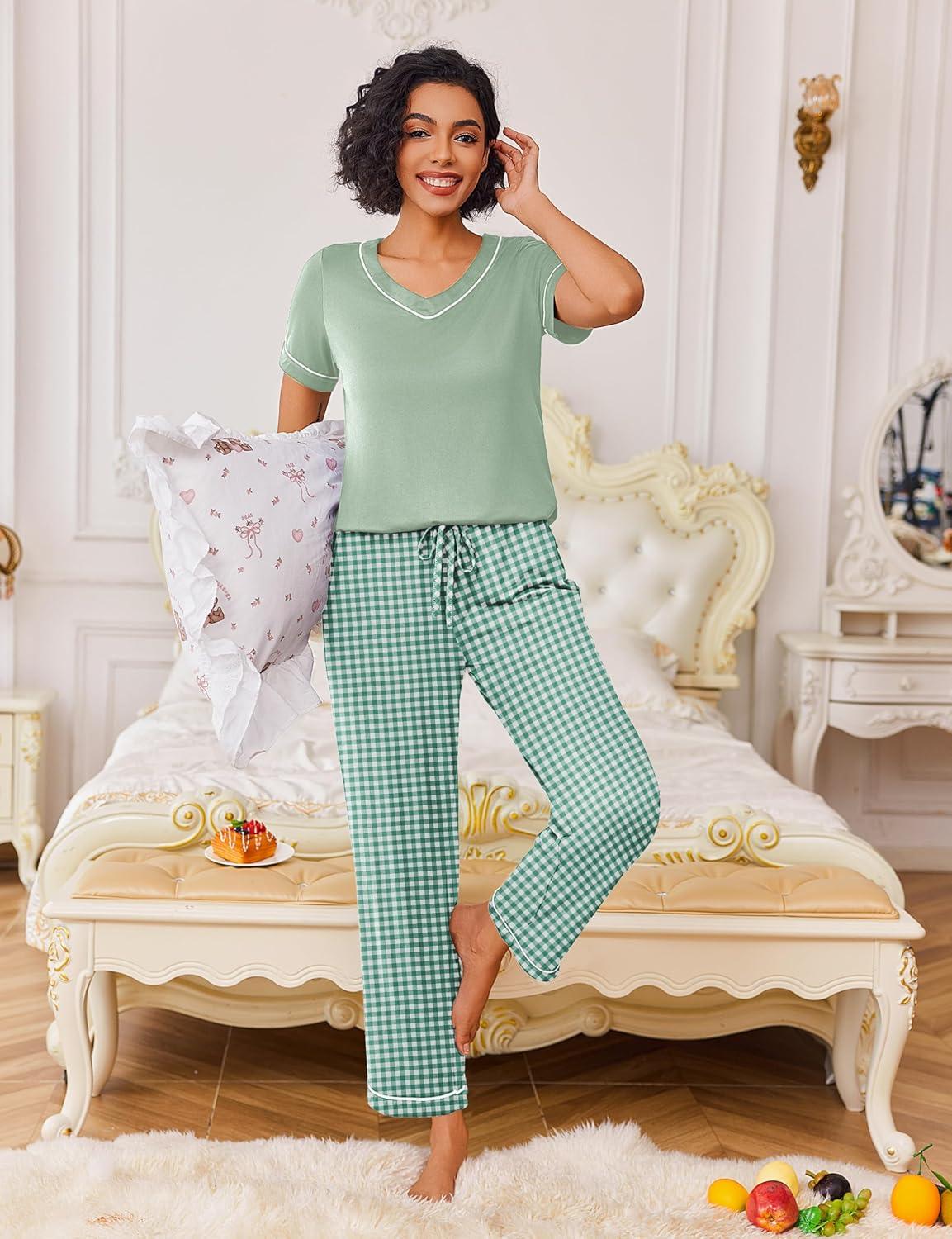imageEkouaer Pajamas for Women Set 2 Piece Lounge Set Soft Pajama Sets Short Sleeve and Pants Pj Sets Loose Sleepwear with PocketsLight Green Plaid