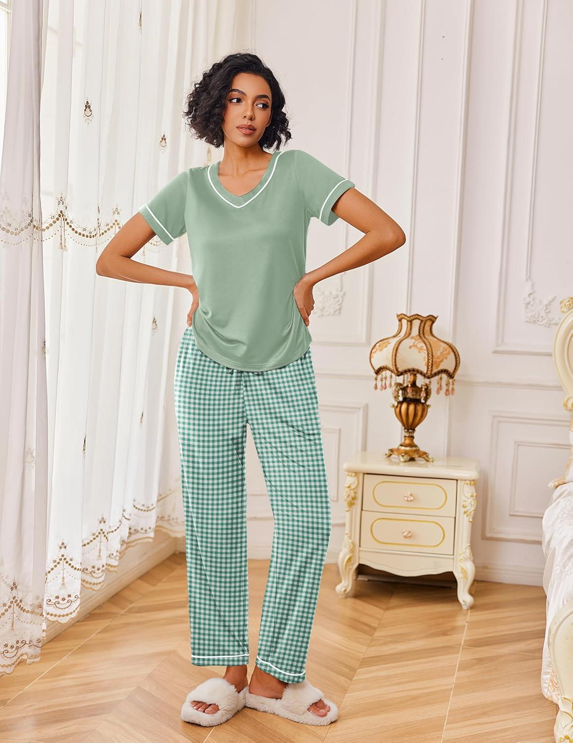 imageEkouaer Pajamas for Women Set 2 Piece Lounge Set Soft Pajama Sets Short Sleeve and Pants Pj Sets Loose Sleepwear with PocketsLight Green Plaid