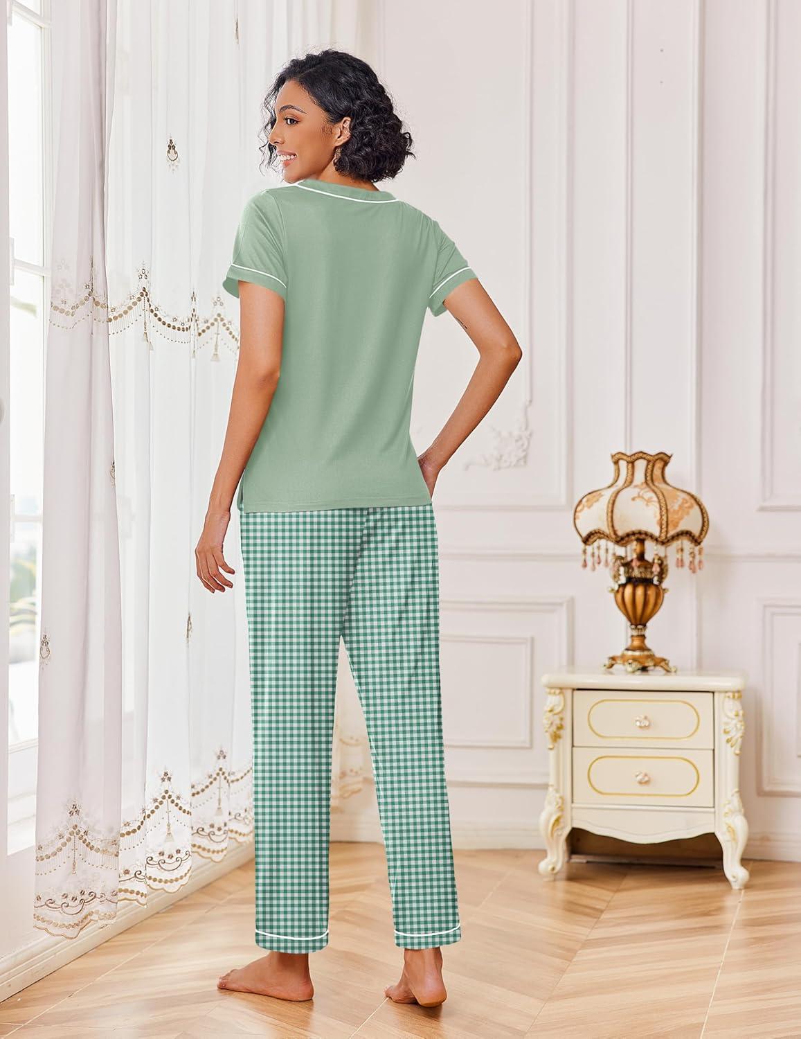 imageEkouaer Pajamas for Women Set 2 Piece Lounge Set Soft Pajama Sets Short Sleeve and Pants Pj Sets Loose Sleepwear with PocketsLight Green Plaid