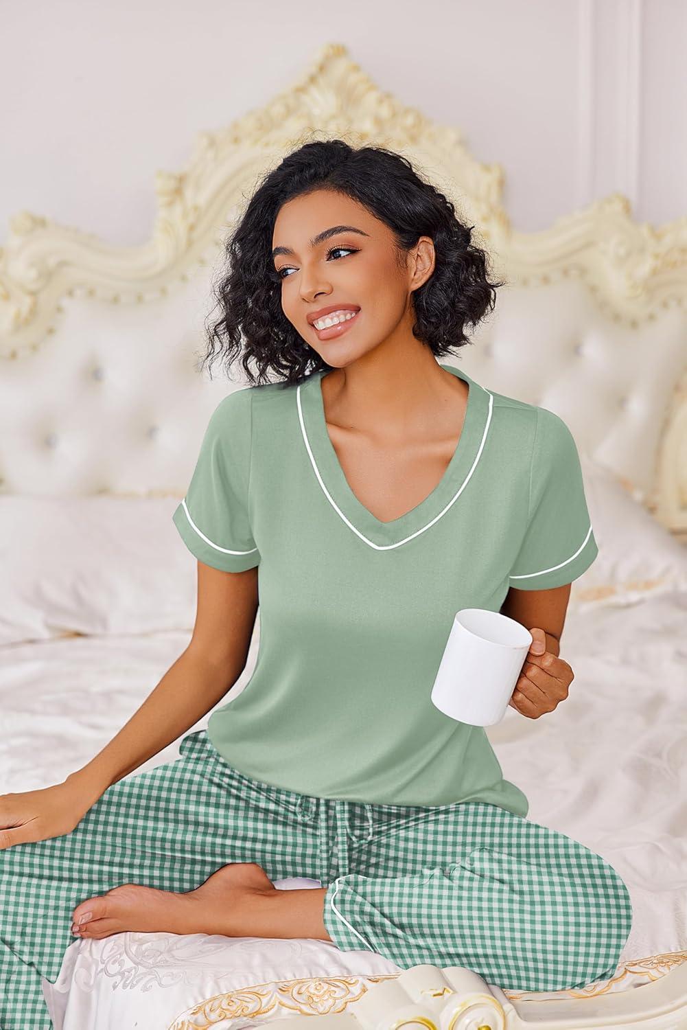 imageEkouaer Pajamas for Women Set 2 Piece Lounge Set Soft Pajama Sets Short Sleeve and Pants Pj Sets Loose Sleepwear with PocketsLight Green Plaid