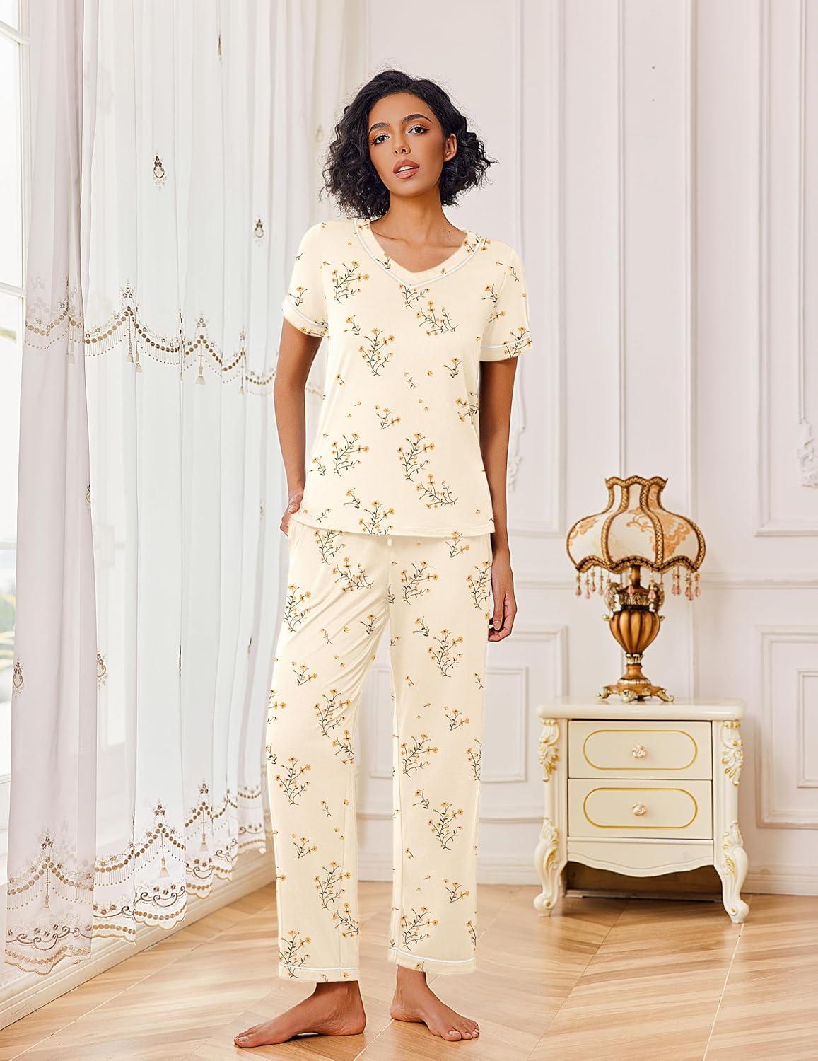 imageEkouaer Pajamas for Women Set 2 Piece Lounge Set Soft Pajama Sets Short Sleeve and Pants Pj Sets Loose Sleepwear with PocketsLight Yellow Flowers