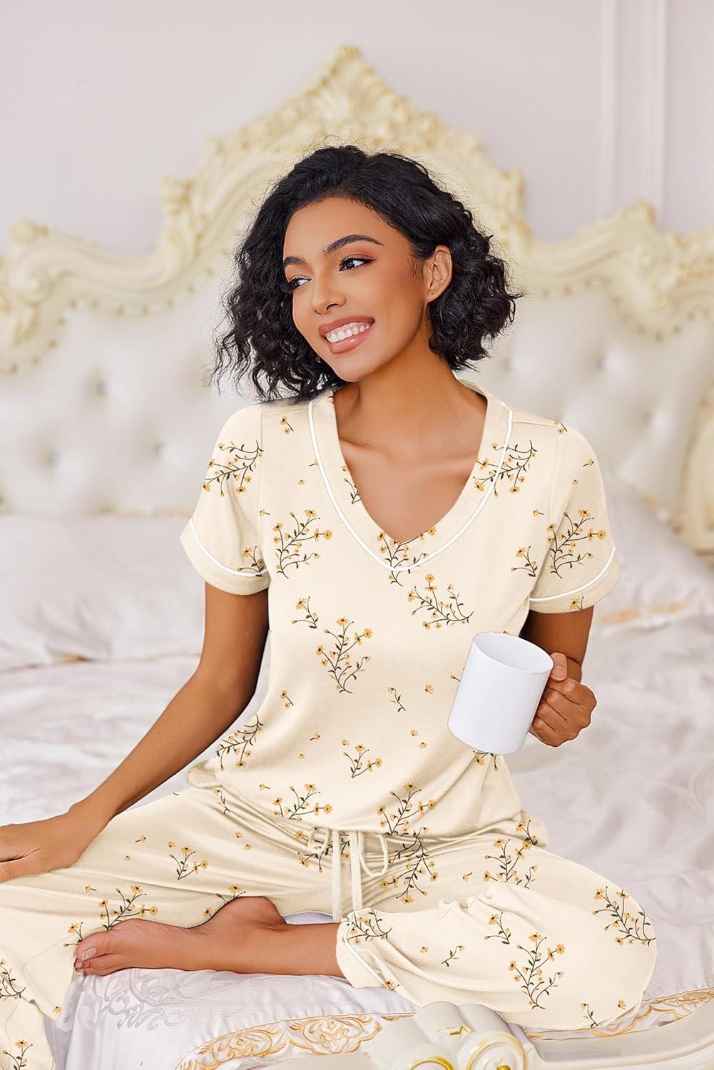 imageEkouaer Pajamas for Women Set 2 Piece Lounge Set Soft Pajama Sets Short Sleeve and Pants Pj Sets Loose Sleepwear with PocketsLight Yellow Flowers