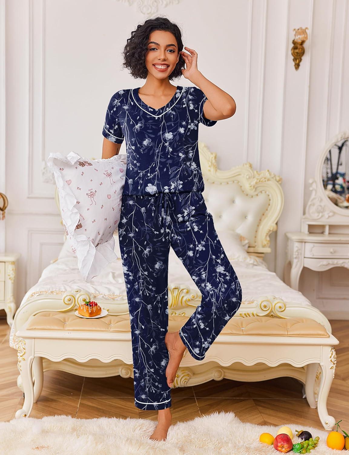 imageEkouaer Pajamas for Women Set 2 Piece Lounge Set Soft Pajama Sets Short Sleeve and Pants Pj Sets Loose Sleepwear with PocketsNavy Blue Flower