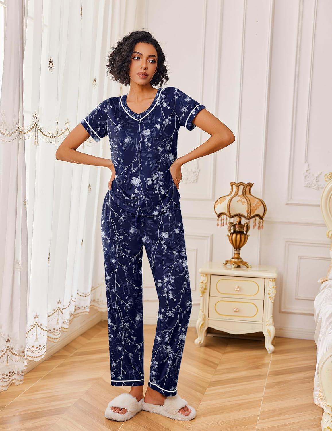 imageEkouaer Pajamas for Women Set 2 Piece Lounge Set Soft Pajama Sets Short Sleeve and Pants Pj Sets Loose Sleepwear with PocketsNavy Blue Flower