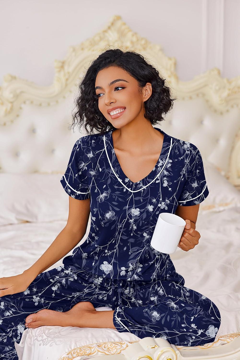 imageEkouaer Pajamas for Women Set 2 Piece Lounge Set Soft Pajama Sets Short Sleeve and Pants Pj Sets Loose Sleepwear with PocketsNavy Blue Flower