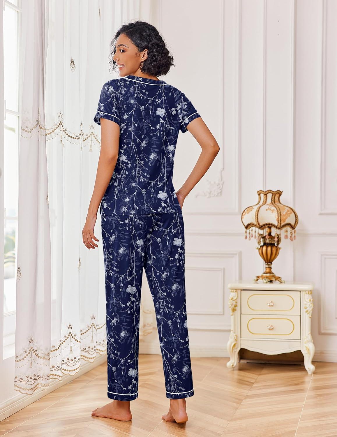 imageEkouaer Pajamas for Women Set 2 Piece Lounge Set Soft Pajama Sets Short Sleeve and Pants Pj Sets Loose Sleepwear with PocketsNavy Blue Flower