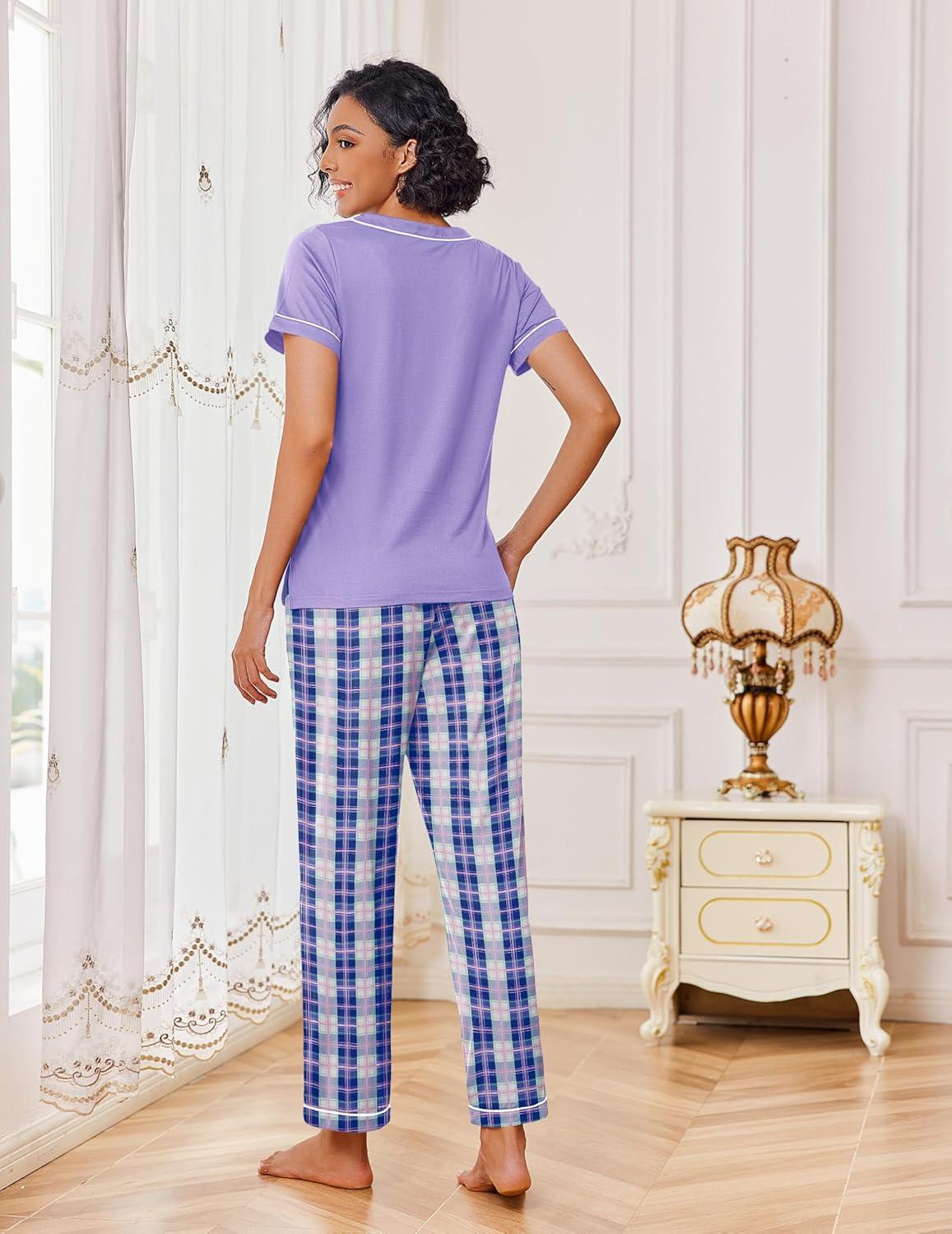 imageEkouaer Pajamas for Women Set 2 Piece Lounge Set Soft Pajama Sets Short Sleeve and Pants Pj Sets Loose Sleepwear with PocketsPurple Plaid