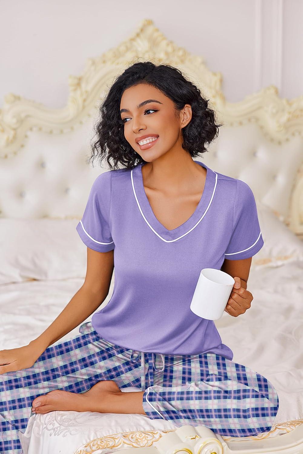 imageEkouaer Pajamas for Women Set 2 Piece Lounge Set Soft Pajama Sets Short Sleeve and Pants Pj Sets Loose Sleepwear with PocketsPurple Plaid
